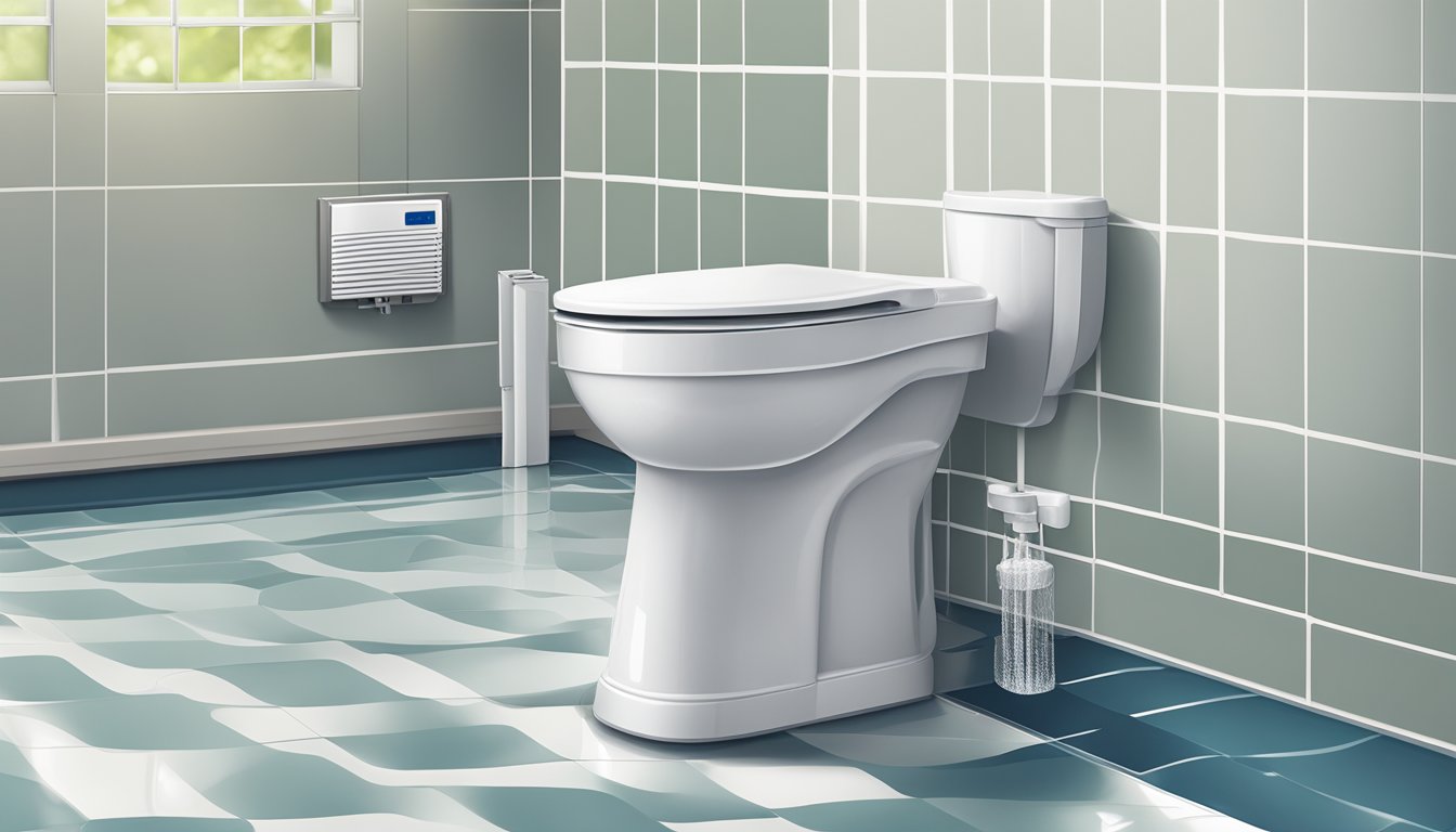 A toilet dehumidifier sits on the bathroom floor, quietly removing moisture from the air. It is plugged into the wall and has a small water tank that needs to be emptied regularly for maintenance