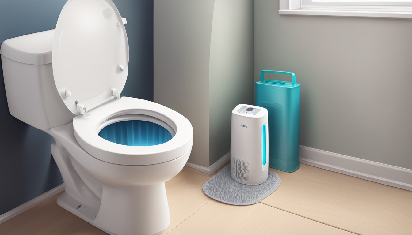 A toilet dehumidifier sits next to a toilet, removing moisture from the air