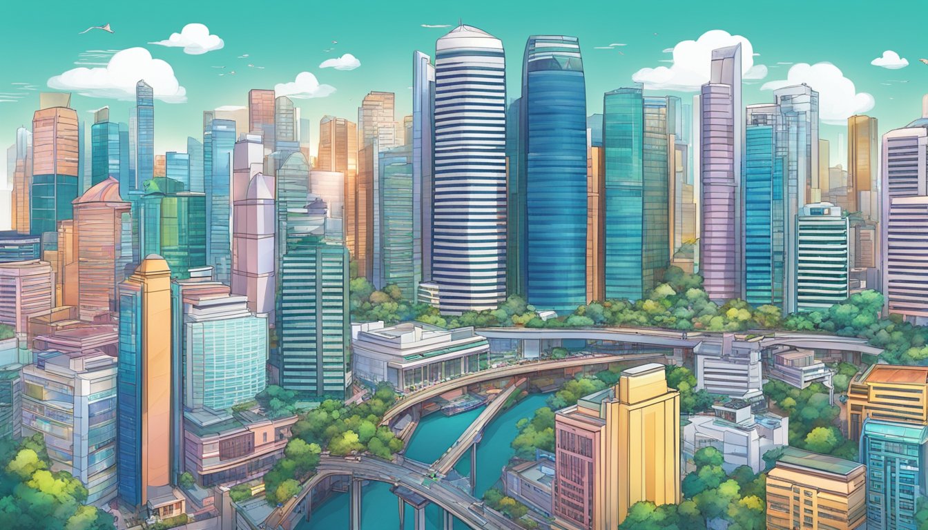 A bustling cityscape in Singapore, with iconic buildings and the vibrant energy of tech companies at the forefront