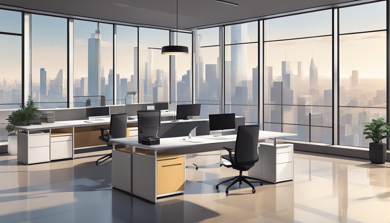 A modern office space with sleek furniture and large windows overlooking the city skyline. Clean lines and a minimalist aesthetic convey a sense of professionalism and sophistication