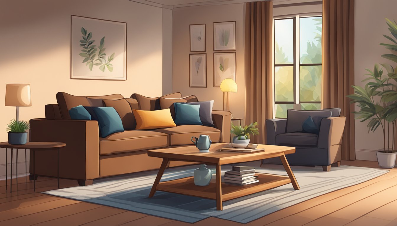 A brown sofa sits in a cozy living room, surrounded by warm lighting and soft pillows