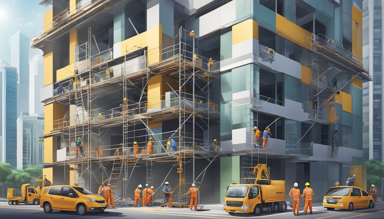 A team of workers in hard hats and tool belts renovating a building in Singapore, with scaffolding and construction equipment surrounding them