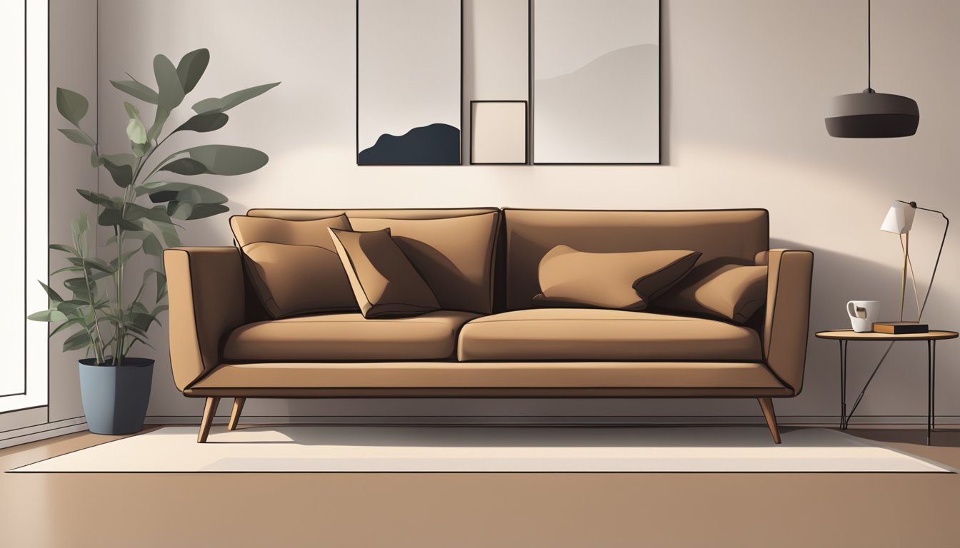 A brown sofa sits against a white wall, surrounded by minimalist decor and soft lighting