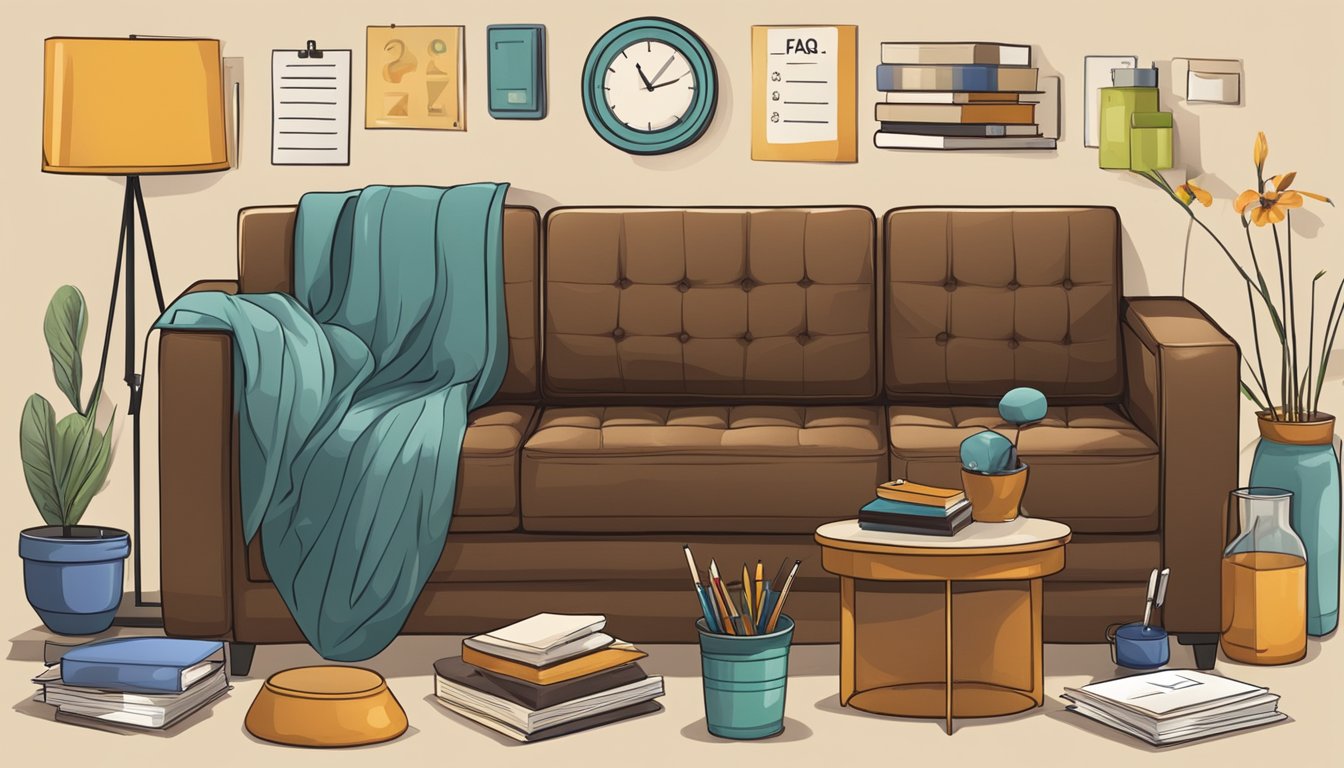 A brown sofa surrounded by various objects, with a FAQ sign nearby