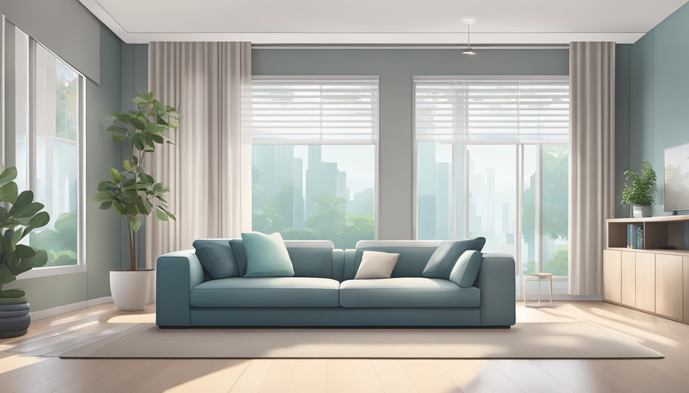 A modern air conditioning unit in a clean, minimalist Singaporean living room, with sleek design and cooling features