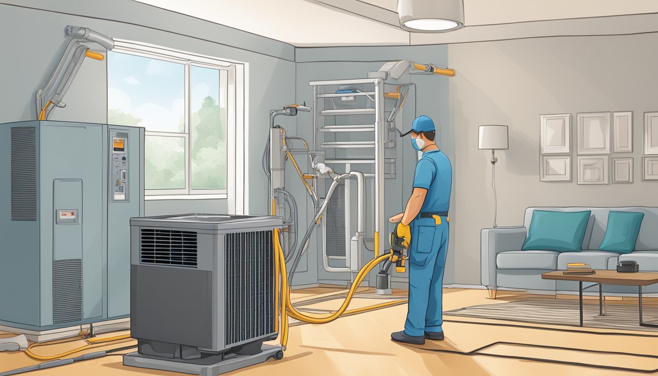 An air conditioning unit being cleaned and maintained by a technician in a well-lit room with tools and equipment nearby