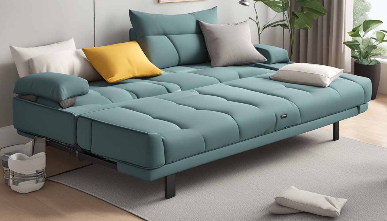 A convertible sofa bed unfolds into a cozy sleeping space, with soft cushions and a hidden mattress. The adjustable backrest easily transitions from a comfortable seating area to a comfortable bed