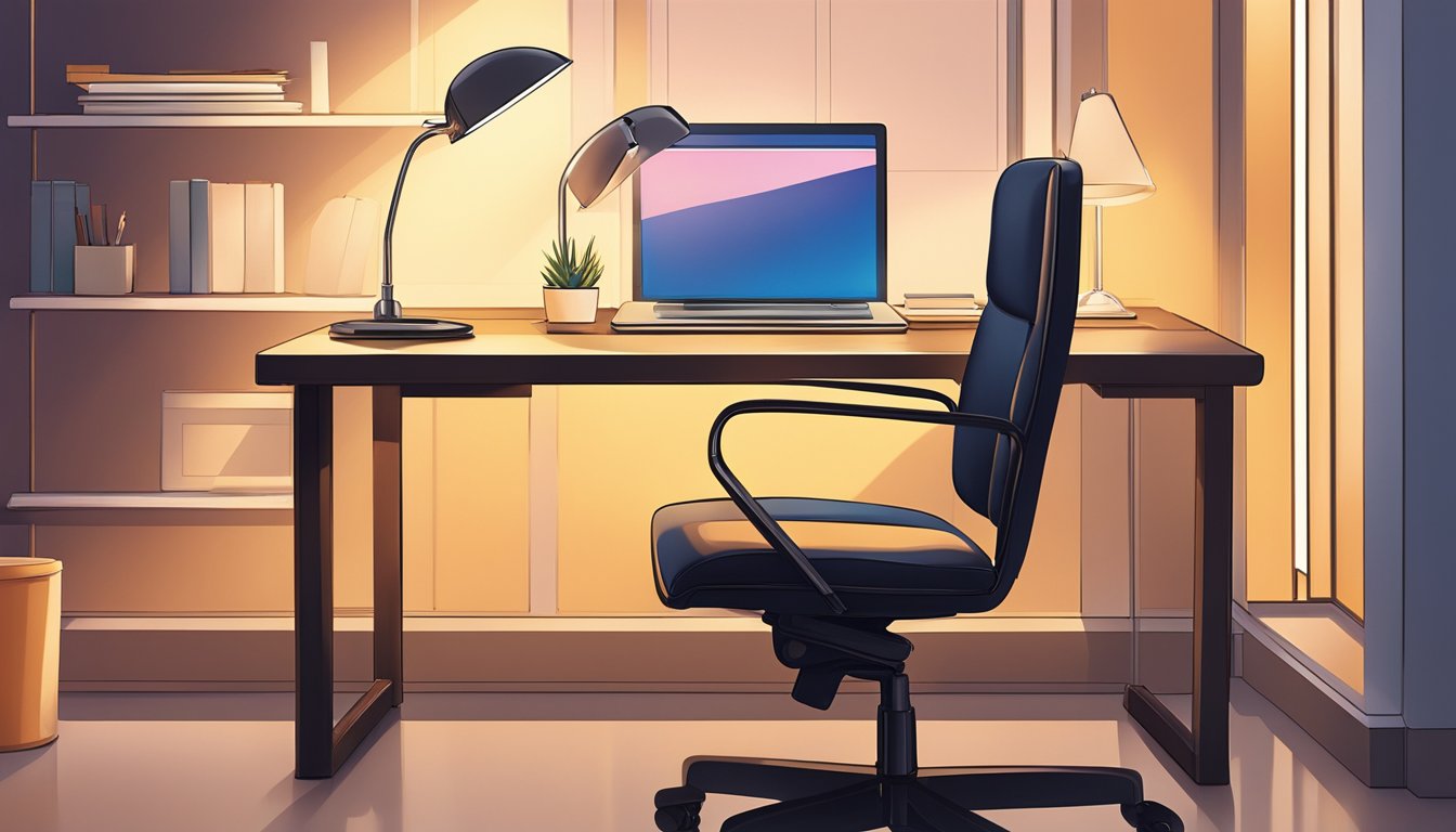 An empty office chair sits in front of a desk, bathed in the warm glow of a desk lamp. The chair's sleek design and smooth surface invite the viewer to take a seat