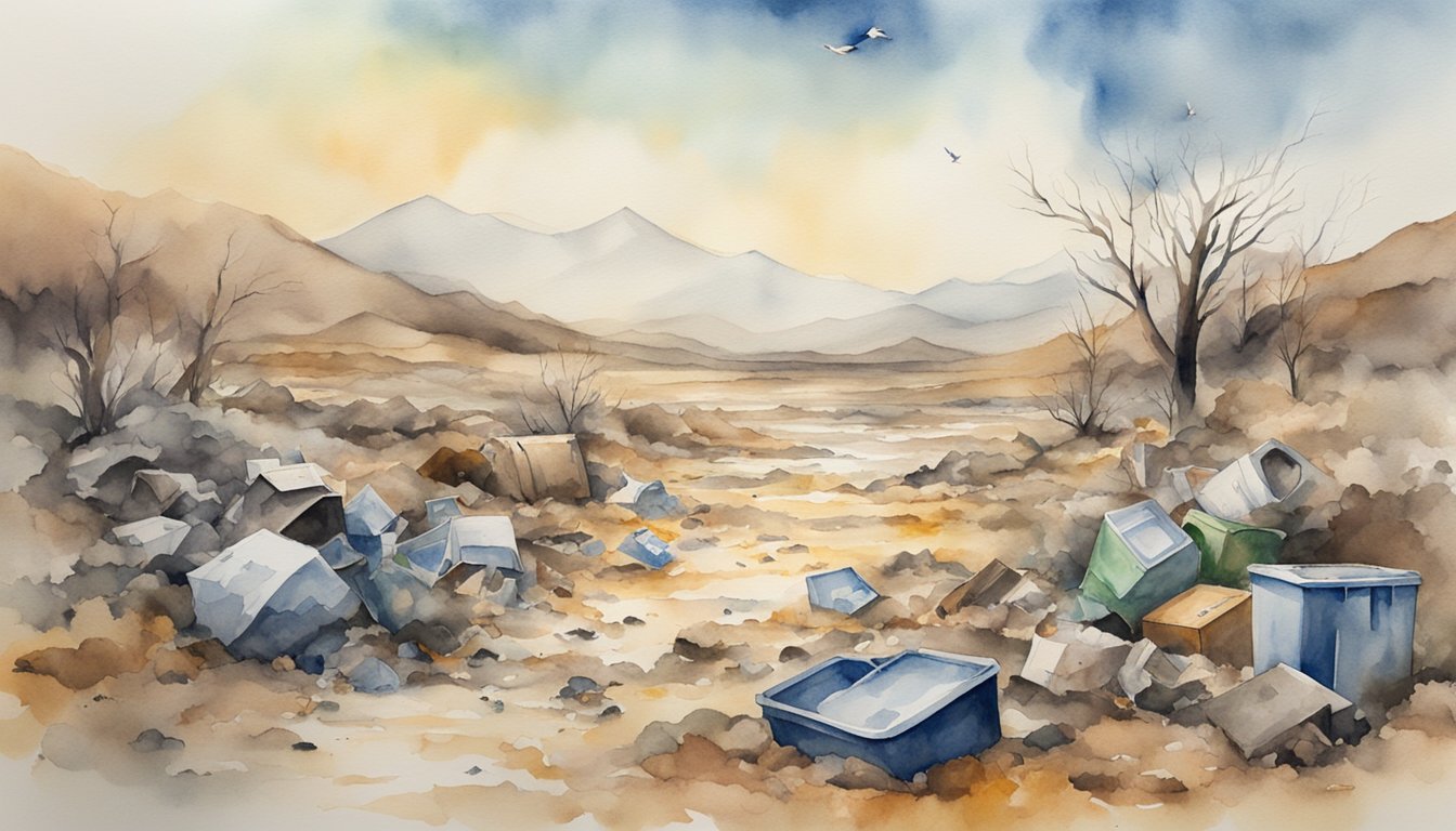 A desolate landscape with trash strewn about, a sad-looking animal surrounded by human waste, symbolizing the impact of human activity on the environment