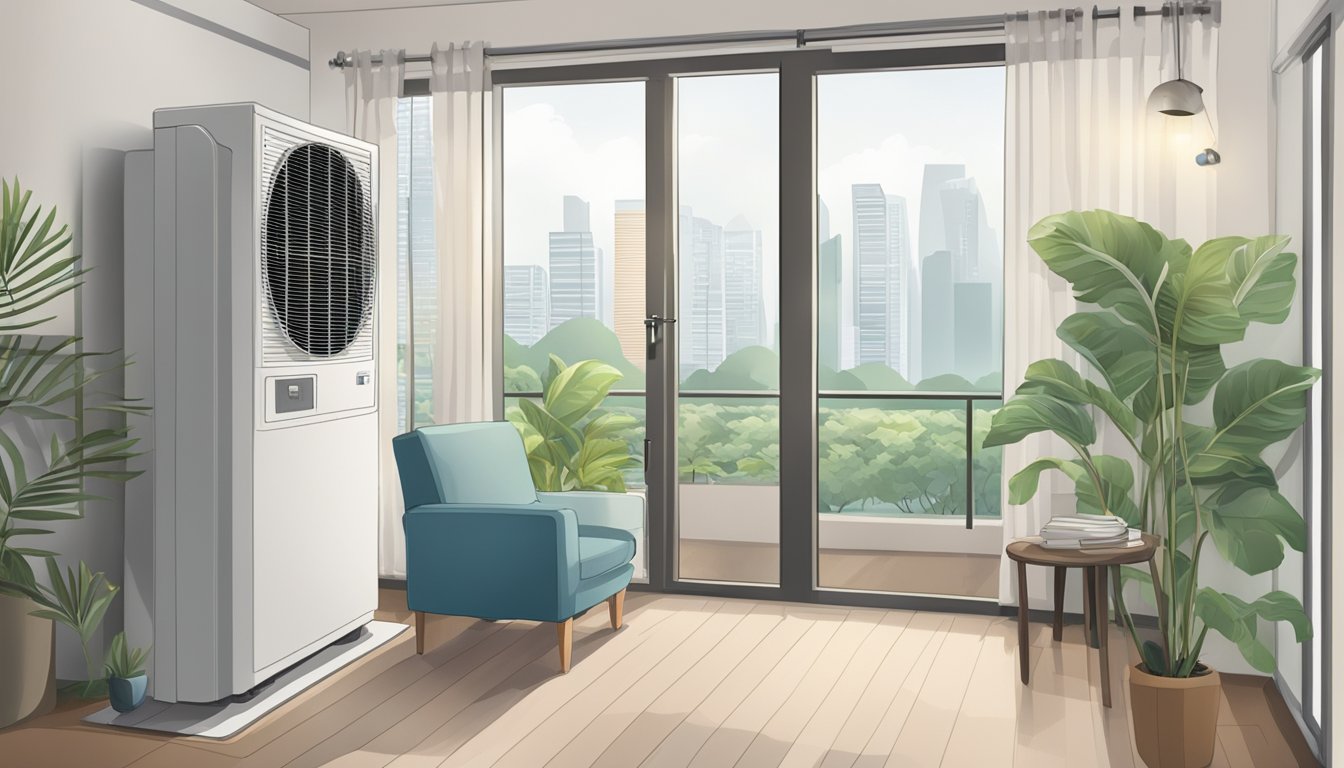 A room with a modern air conditioning unit, surrounded by a list of frequently asked questions about its review in Singapore