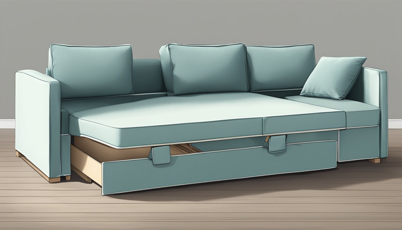 A convertible sofa bed unfolds from a couch into a bed, with adjustable backrest and hidden storage compartment
