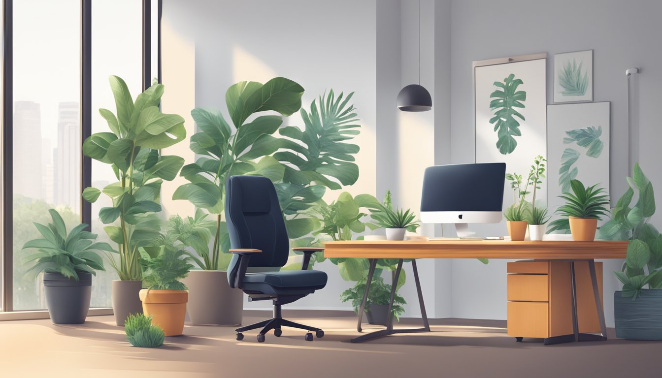 A modern office desk with a sleek ergonomic chair, surrounded by plants and natural light, creating a comfortable and productive workspace