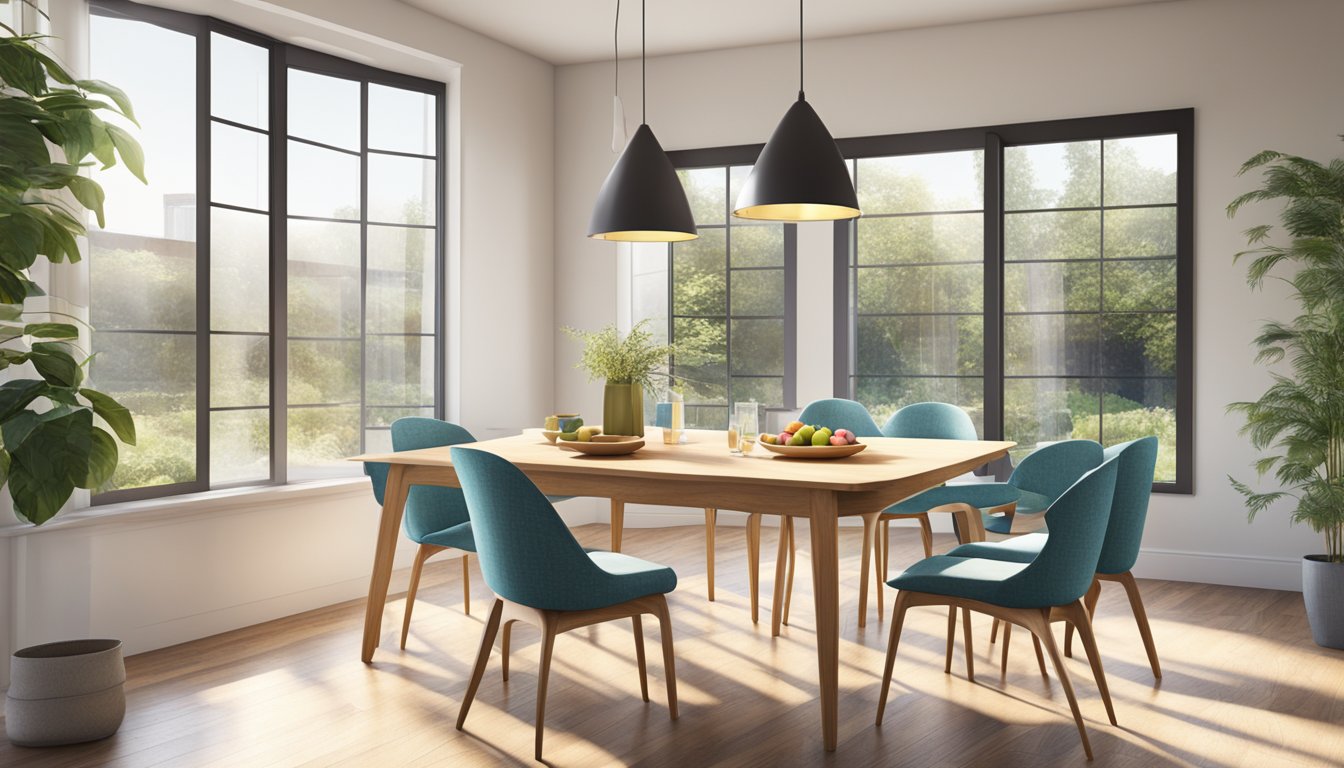 A dining table with various styles of chairs surrounding it, in a bright and airy room with natural light streaming in through large windows