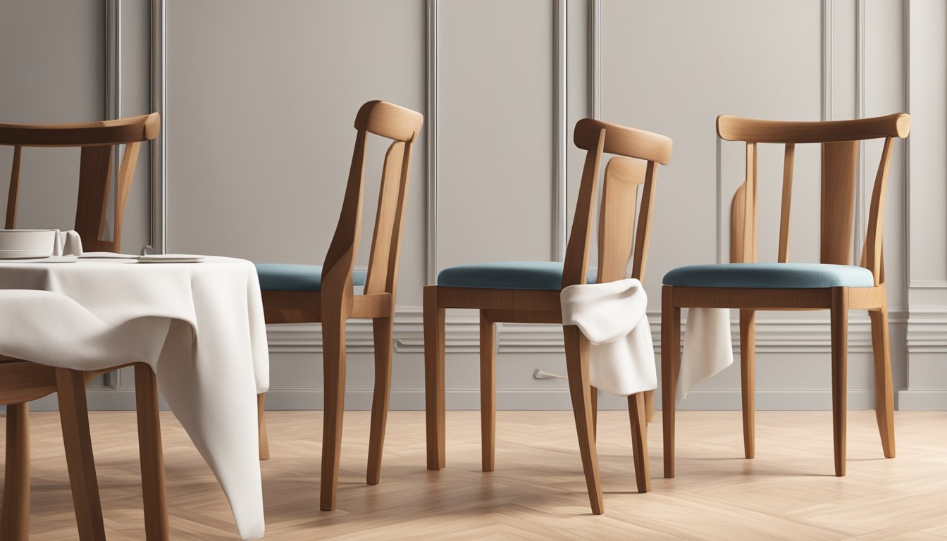 A set of dining chairs being gently wiped down and polished with a soft cloth, with a bottle of wood cleaner and a small brush nearby