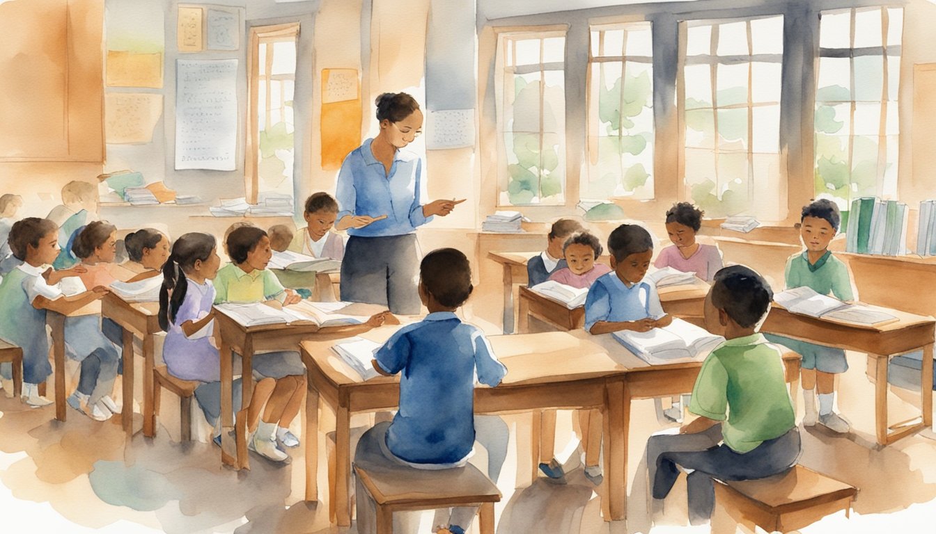 A group of children sit in a classroom, surrounded by books and educational materials.</p><p>A teacher stands at the front of the room, engaging the students in a lively discussion