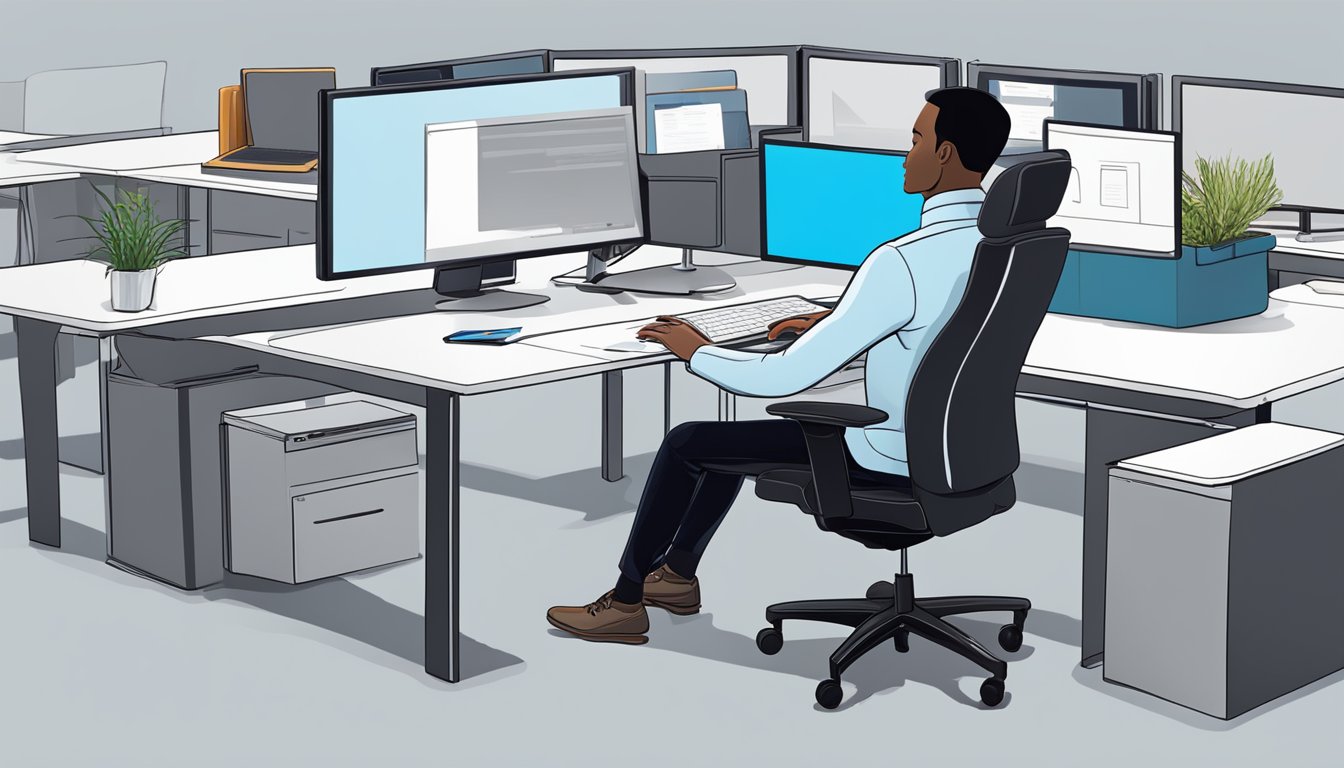 A person sitting in front of a computer, testing out different office chairs for comfort and support. The chairs vary in design and features, creating a visual comparison for the viewer