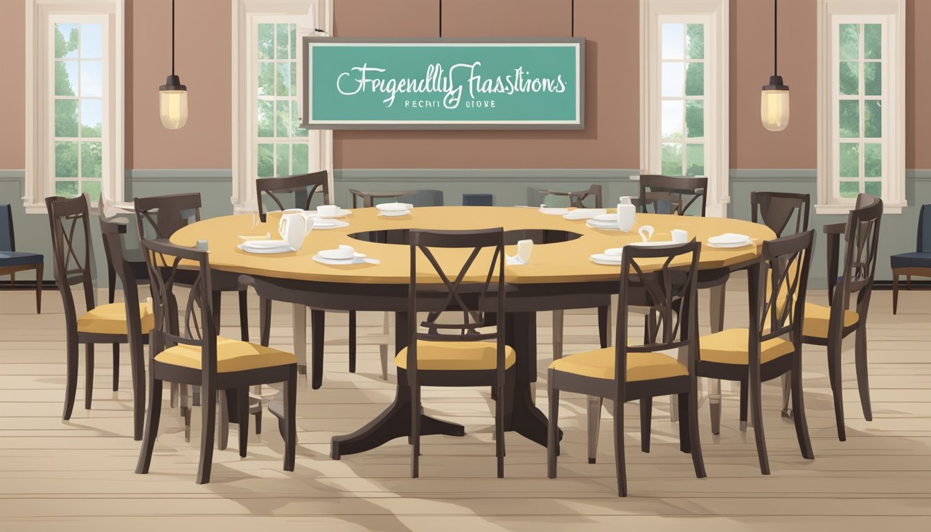 A group of dining room chairs arranged in a circle, with a sign reading "Frequently Asked Questions" displayed prominently nearby