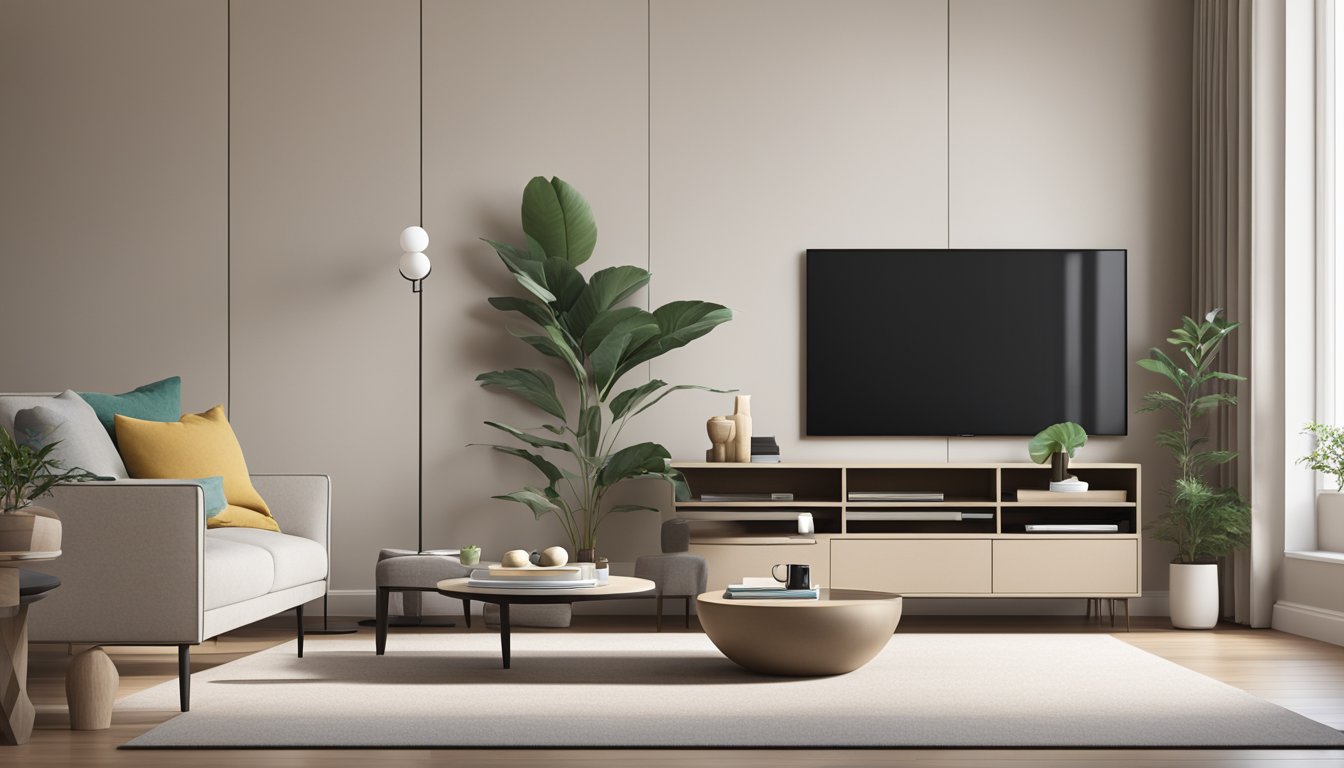 A modern living room with a sleek, minimalist TV console against a neutral-colored wall, featuring clean lines and ample storage space