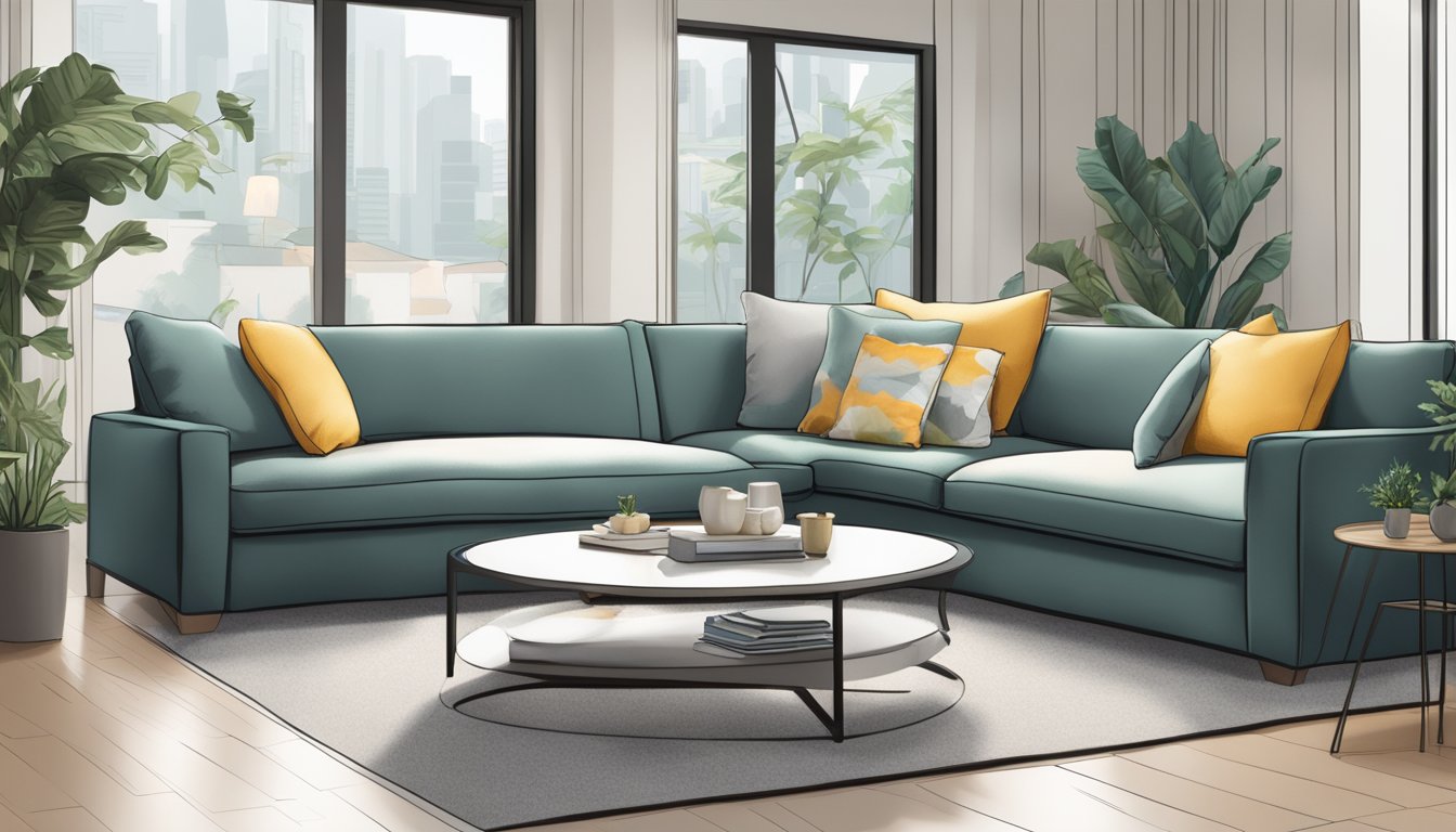 A sleek, modern sofa with durable, scratch-resistant fabric in a chic Singaporean living room, with no visible signs of cat damage