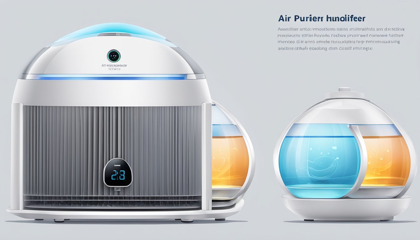 An air purifier and humidifier sit side by side, each emitting their respective functions into the air. The air purifier removes pollutants, while the humidifier adds moisture