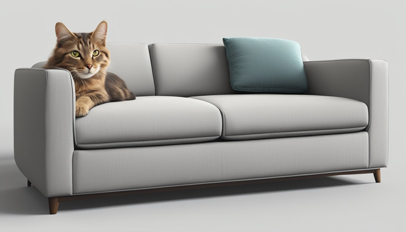 A sleek, modern sofa with smooth, rounded edges and durable, scratch-resistant fabric. A contented cat lounges comfortably on the cushion, unable to leave a single mark