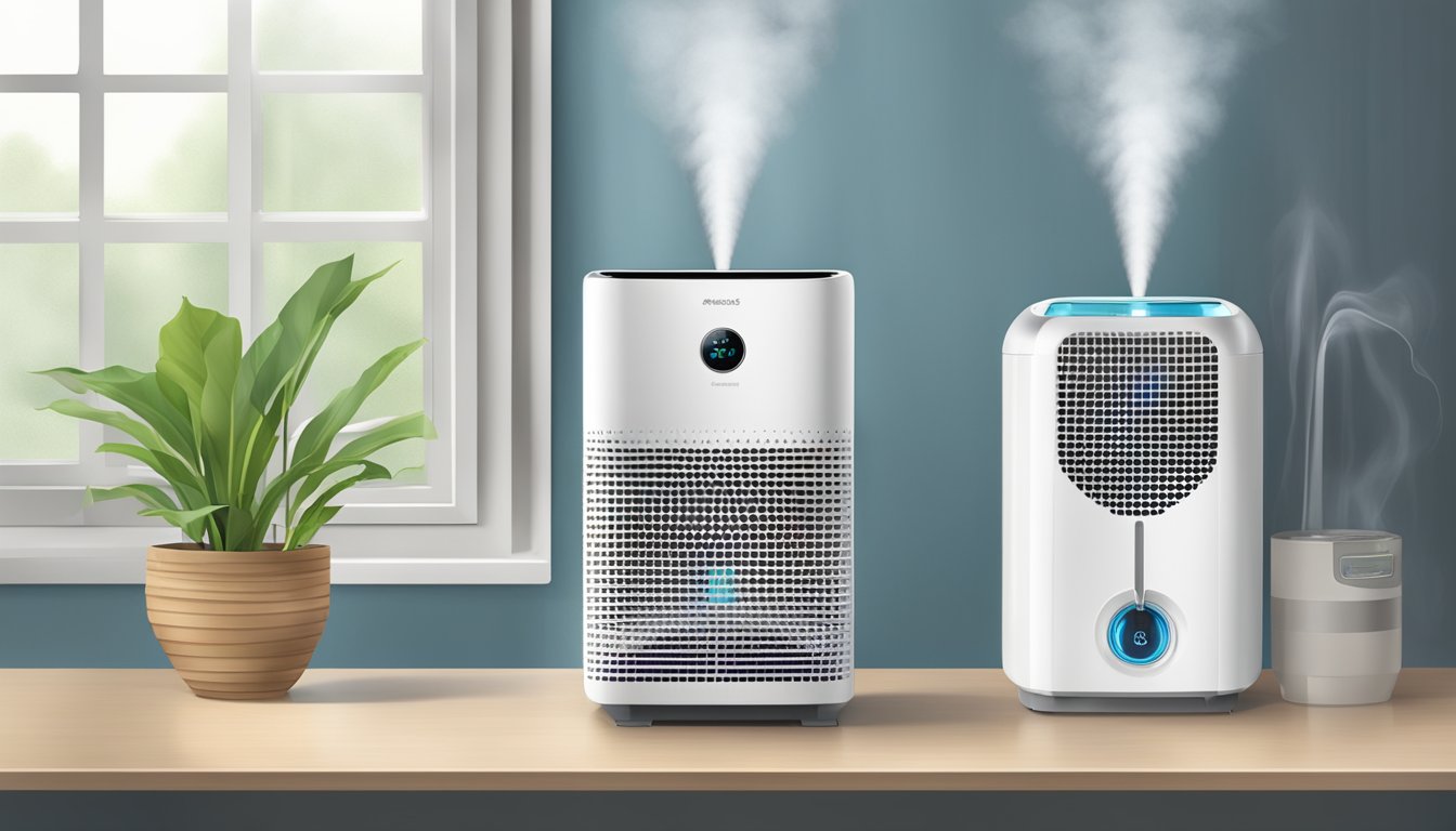 An air purifier sits next to a humidifier. The purifier has a filter and fan, while the humidifier has a water tank and misting nozzle