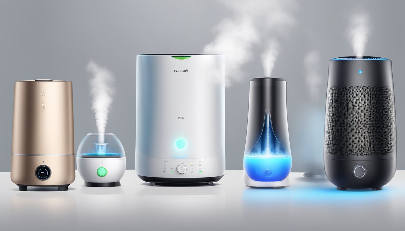 A humidifier and air purifier stand side by side, emitting different types of mist and purifying particles from the air