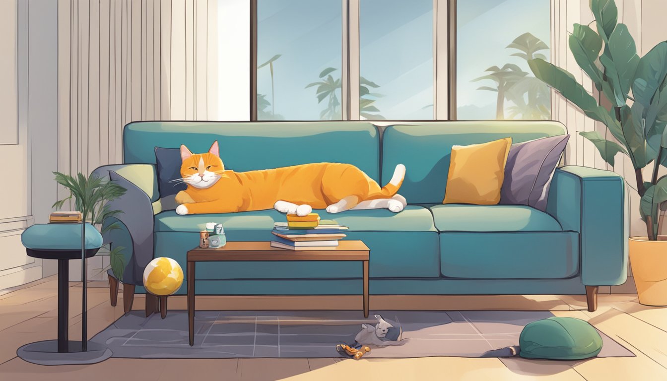 A cat lounges comfortably on a sleek, modern sofa in a Singaporean living room, surrounded by toys and scratching posts
