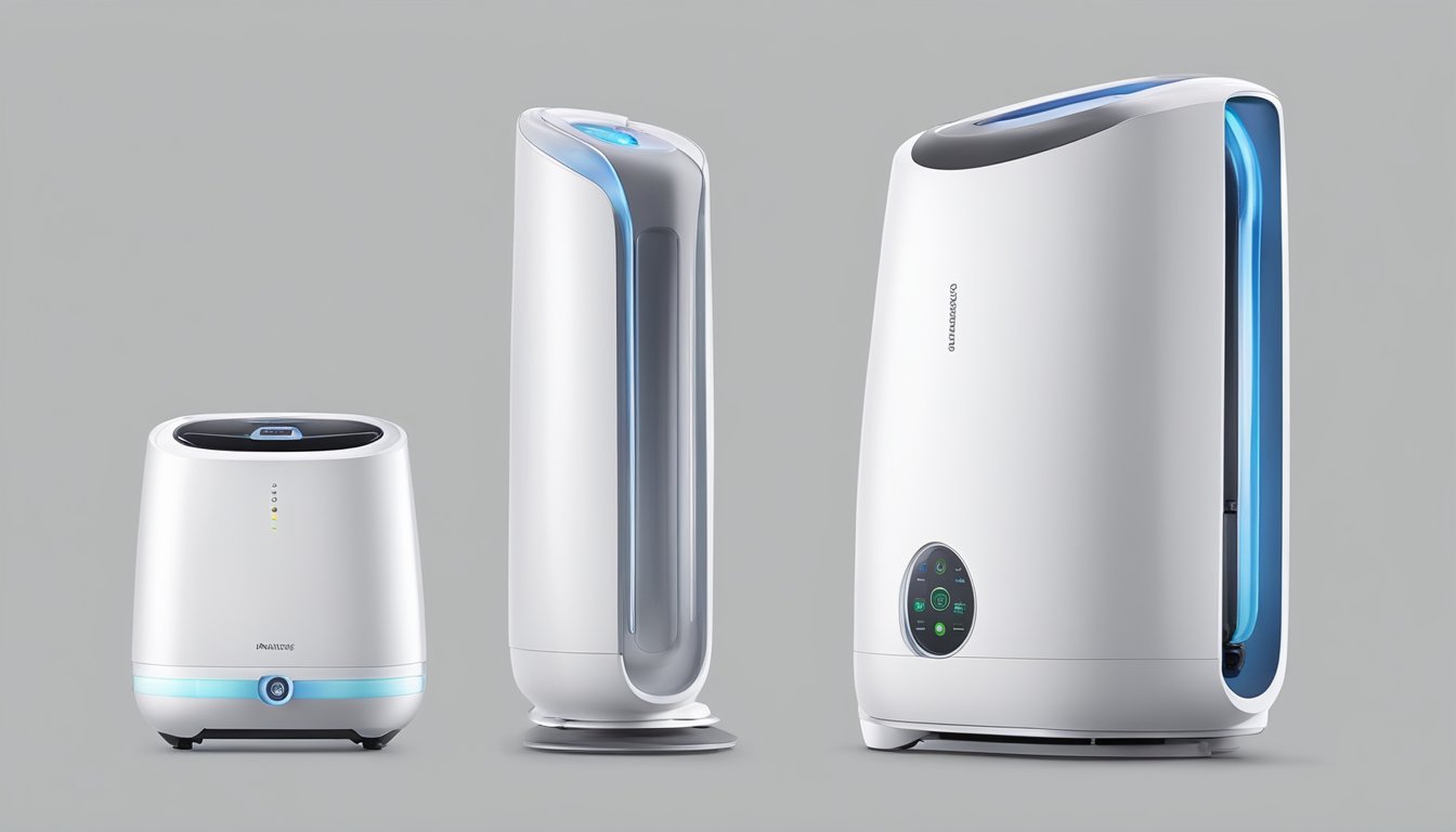 An air purifier and humidifier sit side by side, each with distinct features. The air purifier has a sleek, modern design with a HEPA filter, while the humidifier has a transparent water tank and a misting nozzle