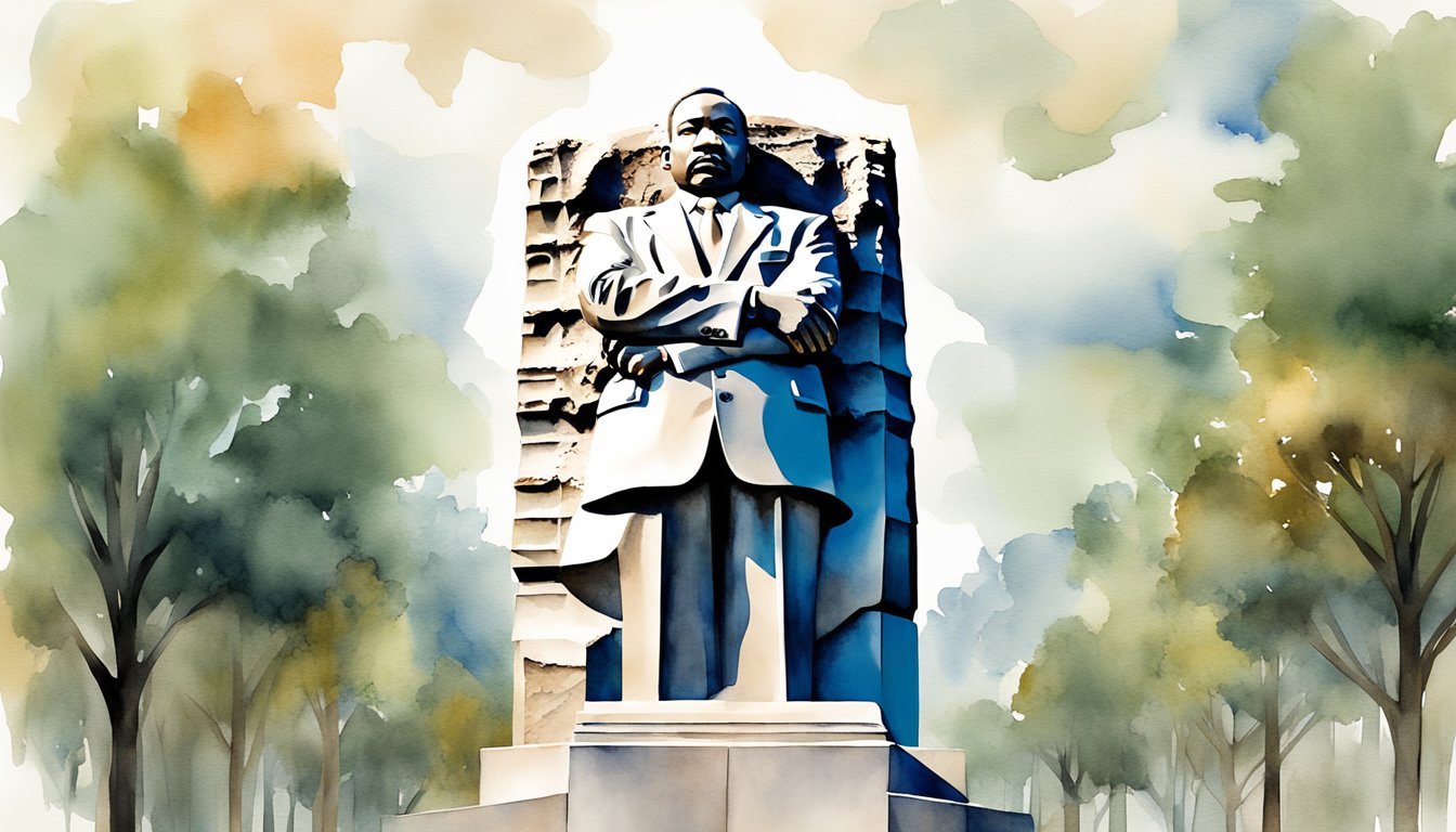 The Martin Luther King monument stands tall, surrounded by symbols of justice and equality, representing his cultural and historical significance