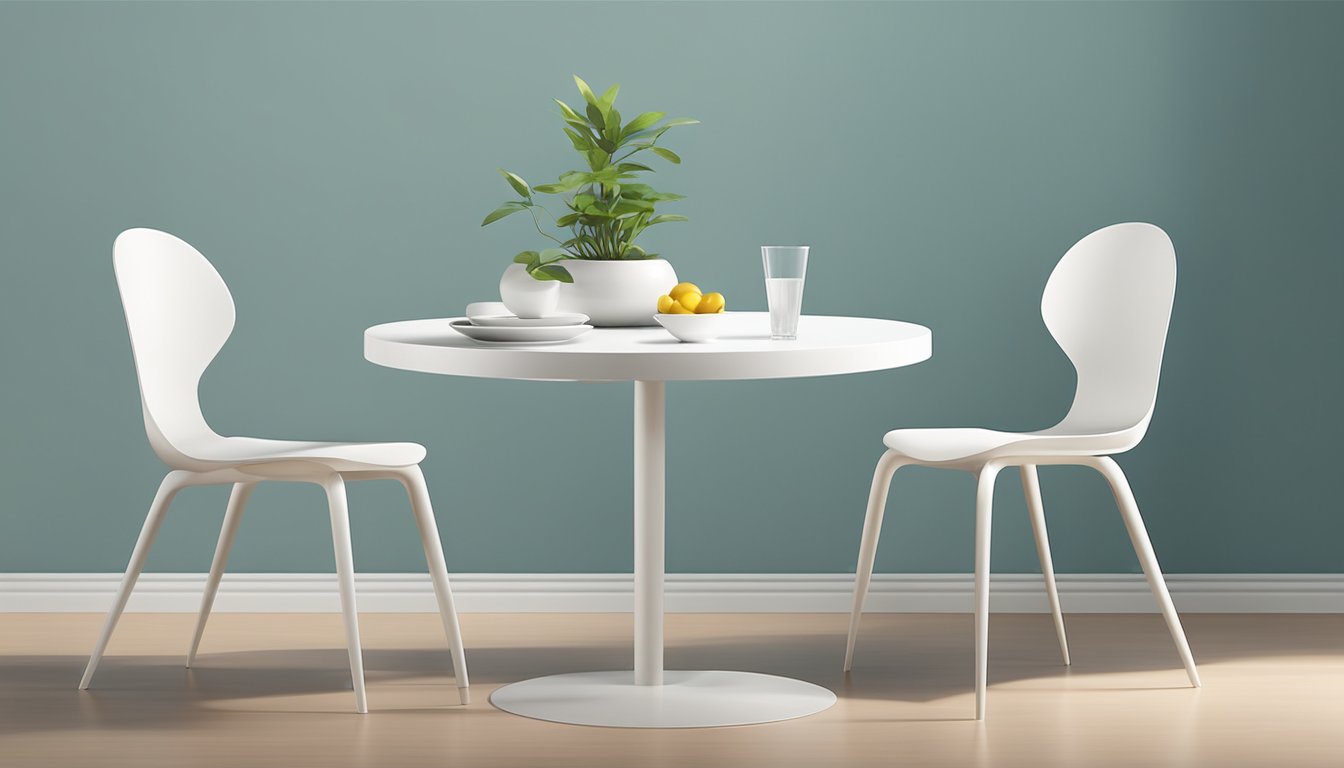 Four plastic dining chairs arranged around a round table in a simple, modern setting