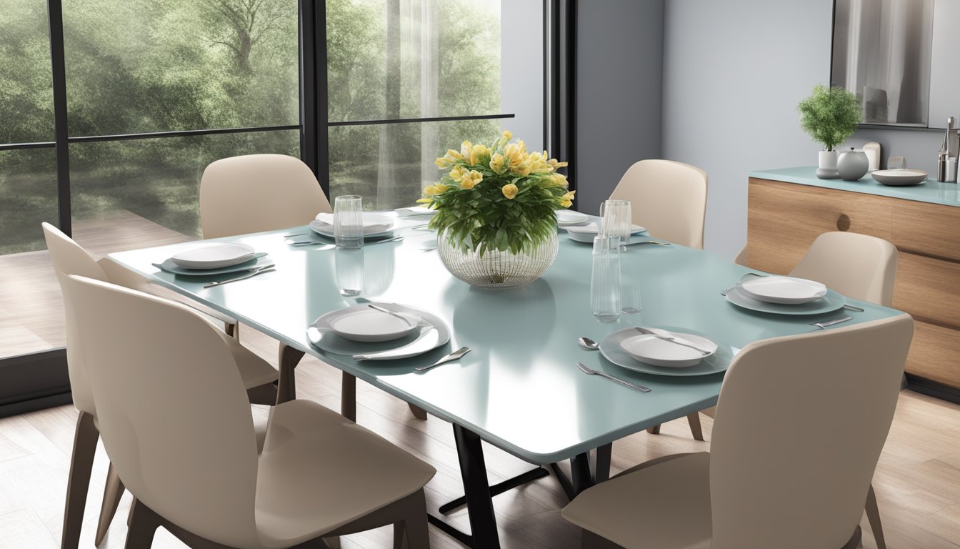 A table set with plastic dining chairs, surrounded by a well-lit, spacious dining area. The chairs are sturdy and comfortable, with a sleek, modern design