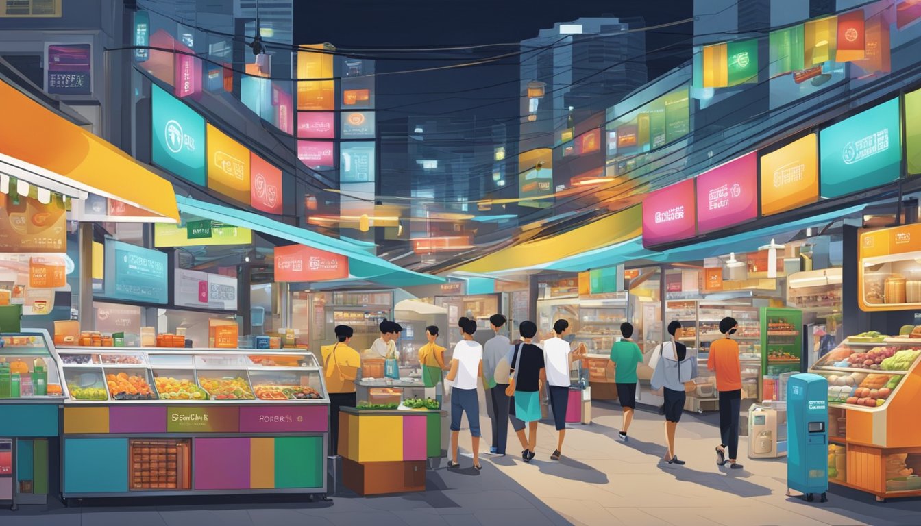 A bustling market stall displays an array of sleek, modern electric appliances in Singapore. The vibrant colors and innovative designs catch the eye of passersby