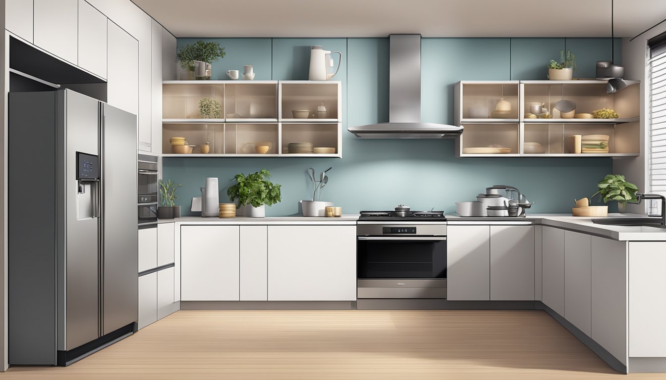 A modern kitchen with sleek electric appliances neatly arranged for maximum convenience and efficiency in a Singaporean home