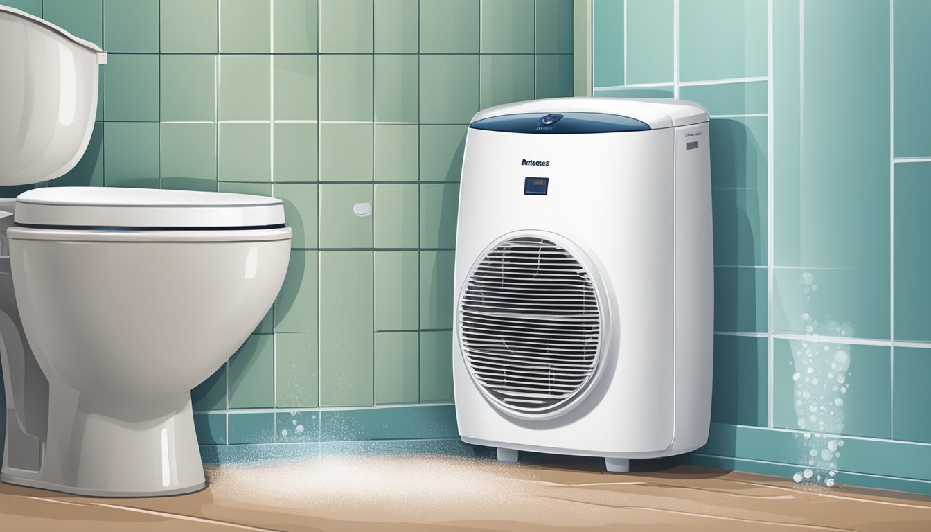 A dehumidifier sits next to a toilet, removing moisture from the air