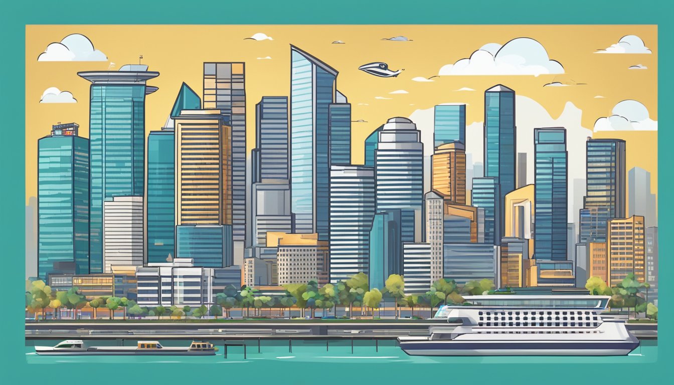 A bustling city skyline with various event venues and offices, showcasing the diverse career opportunities for event planners in Singapore