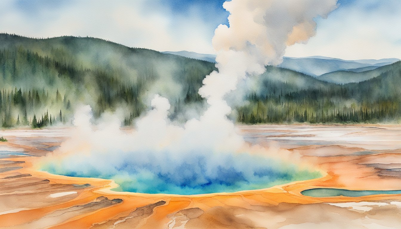 Steam rises from the vibrant blue and orange waters of Grand Prismatic Spring, surrounded by lush greenery and a backdrop of distant mountains