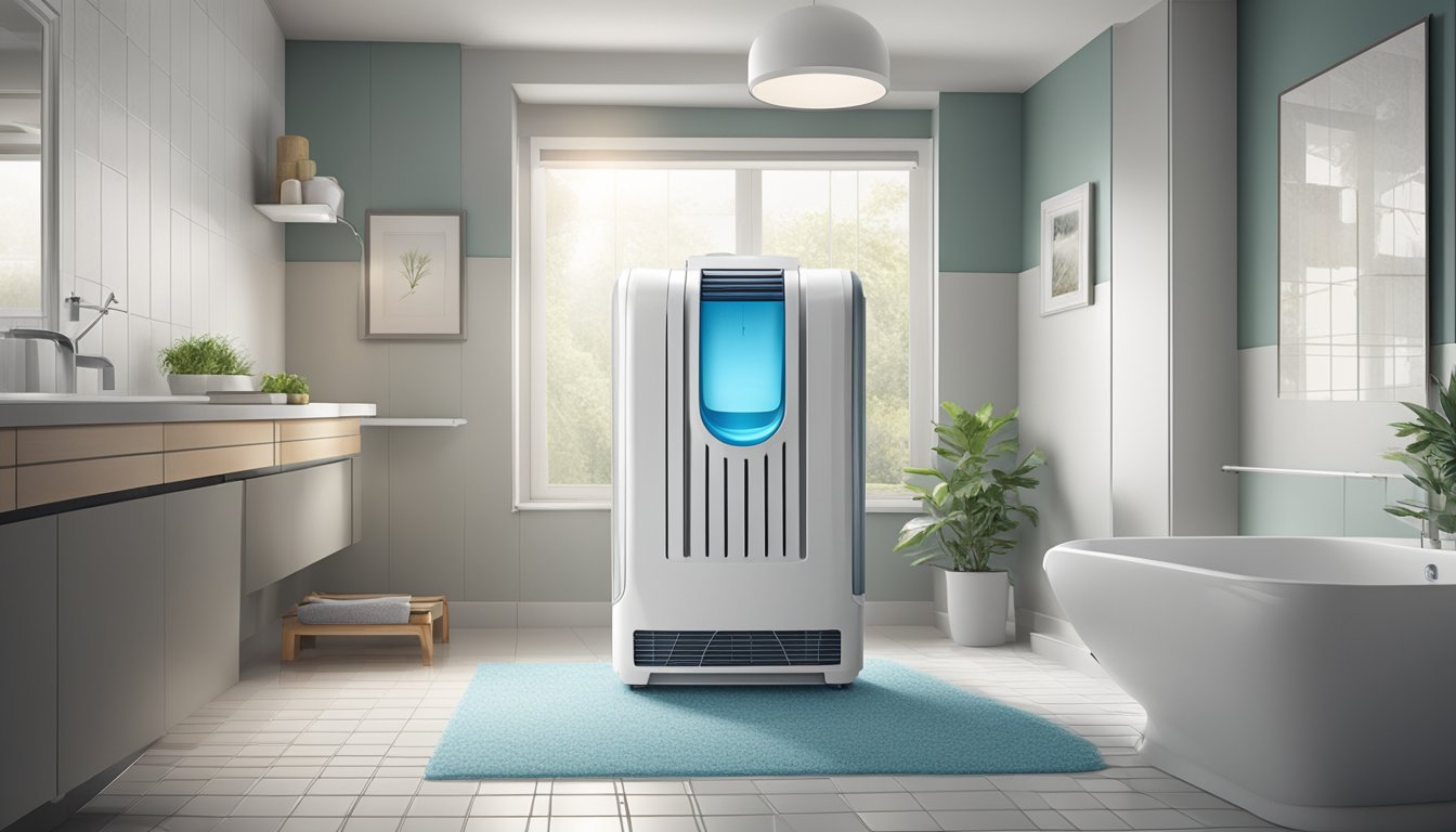 A dehumidifier placed in a humid bathroom, with moisture visibly collecting in the tank