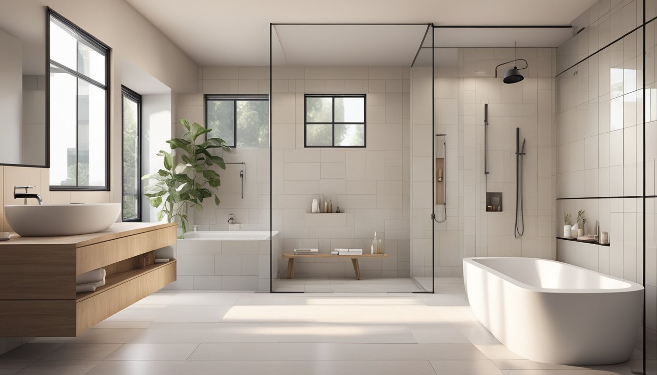 A modern bathroom with sleek, white fixtures, a glass-enclosed shower, and a freestanding bathtub. The walls are adorned with minimalist artwork, and the floor is covered in large, neutral-colored tiles
