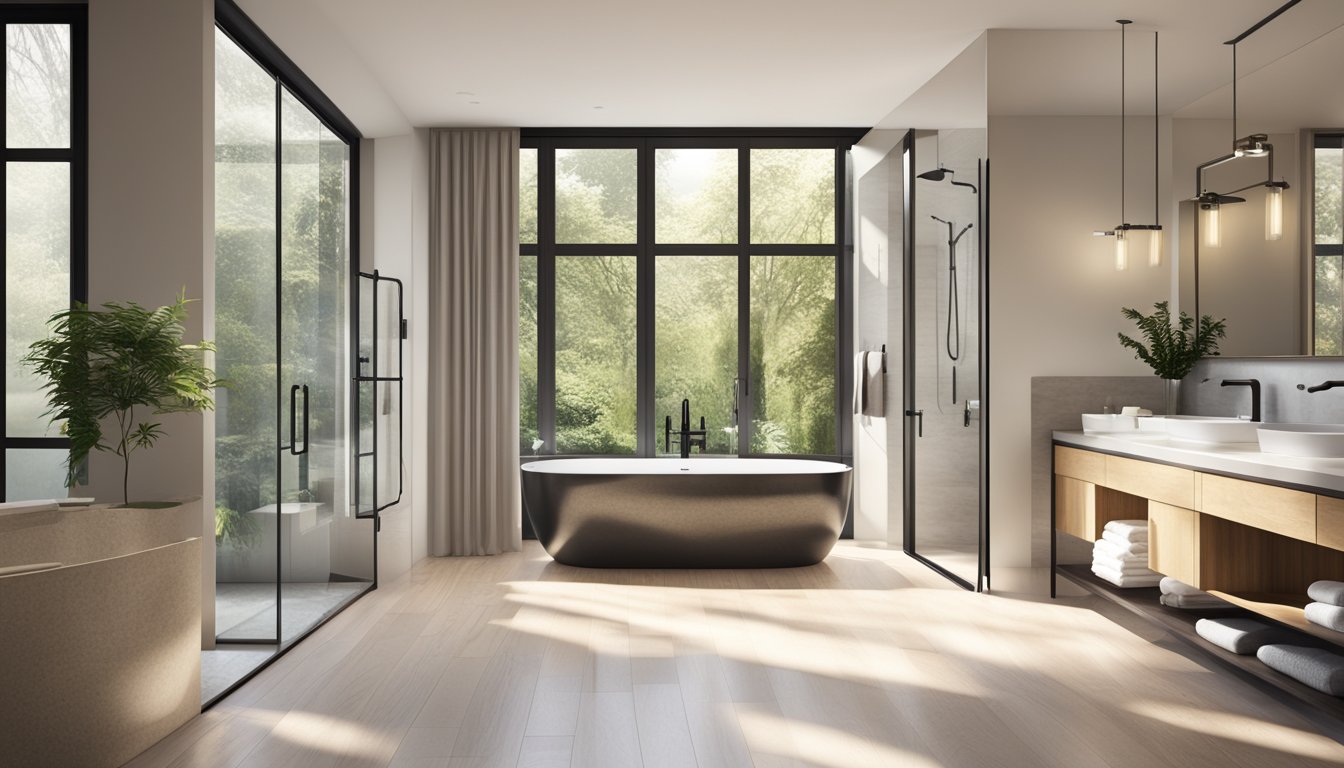 A spacious, modern bathroom with a freestanding tub, double vanity, and glass-enclosed shower. Natural light streams in through large windows, highlighting the sleek, minimalist design