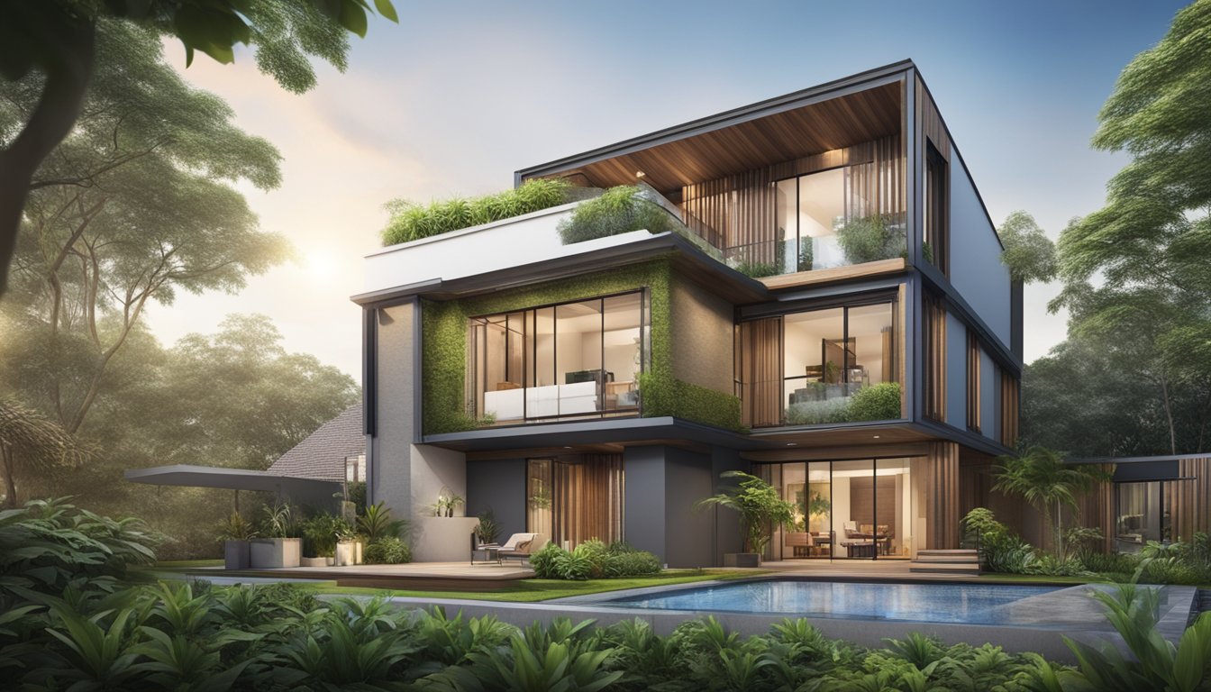 A modern, eco-friendly home undergoing renovation in Singapore, with sustainable materials and energy-efficient features