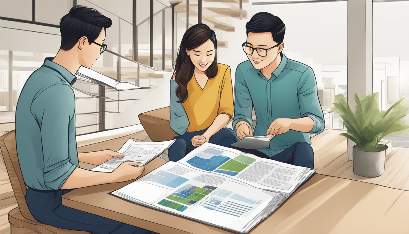 A couple reviews a brochure for the DBS Eco-Aware Renovation Loan, with a focus on the low interest rate, in a modern Singaporean home