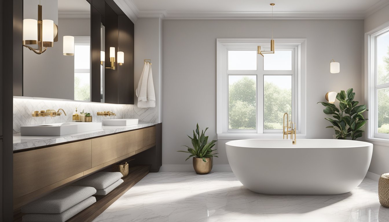 A modern bathroom with sleek fixtures, elegant lighting, and luxurious finishes. A freestanding bathtub sits in the center, surrounded by marble countertops and a large, frameless mirror