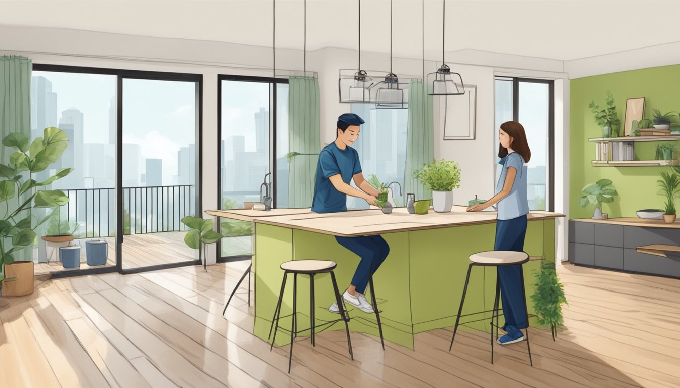 A couple renovating their home with eco-friendly materials, receiving approval for a DBS Eco-Aware Renovation Loan in Singapore