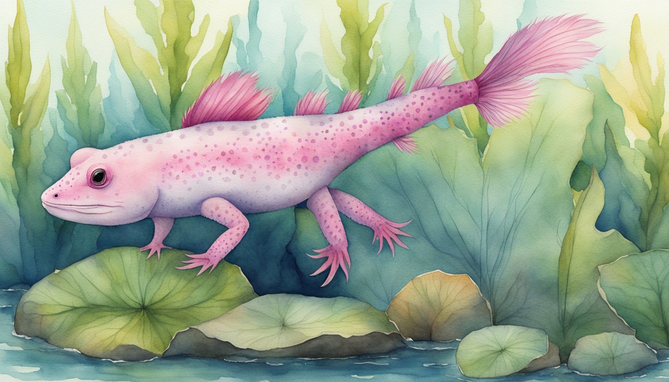 An axolotl floats gracefully in its aquatic habitat, displaying its unique external gills and feathery fronds.</p><p>Its slender body and smooth skin are adorned with vibrant colors, showcasing the beauty of this endangered species