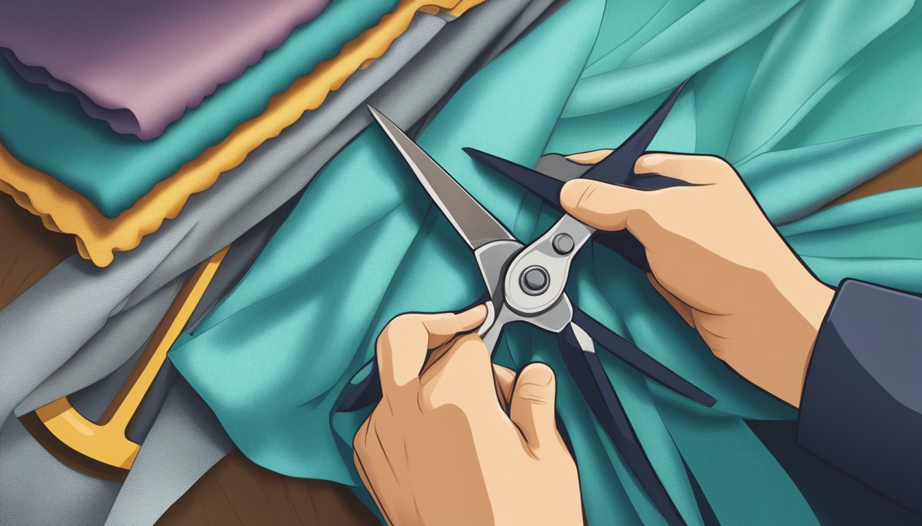 A pair of hands holding a pair of scissors trimming away excess material from a piece of fabric, with a focused and determined expression