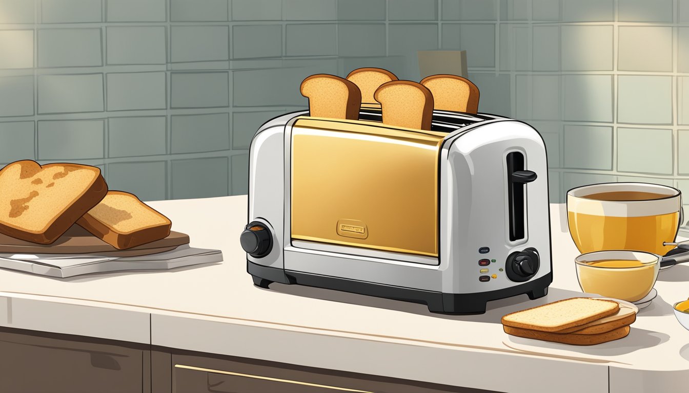 A toaster sits on a kitchen counter, with slices of bread popping up golden brown. A recipe book lies open next to it, showing various creative ways to use the toasted bread