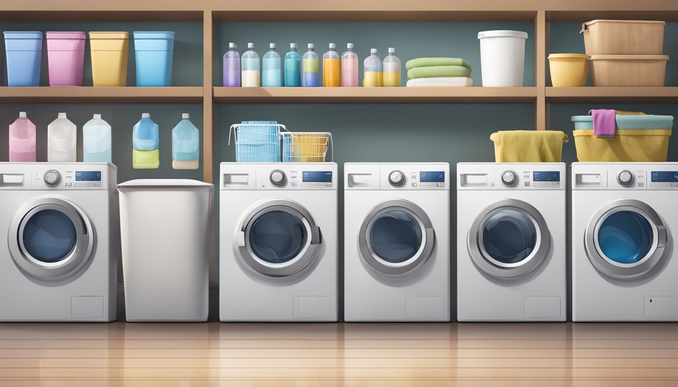 Several laundry containers sit in a neat row, each one labeled with its contents. The room is well-lit, and the containers are clean and organized