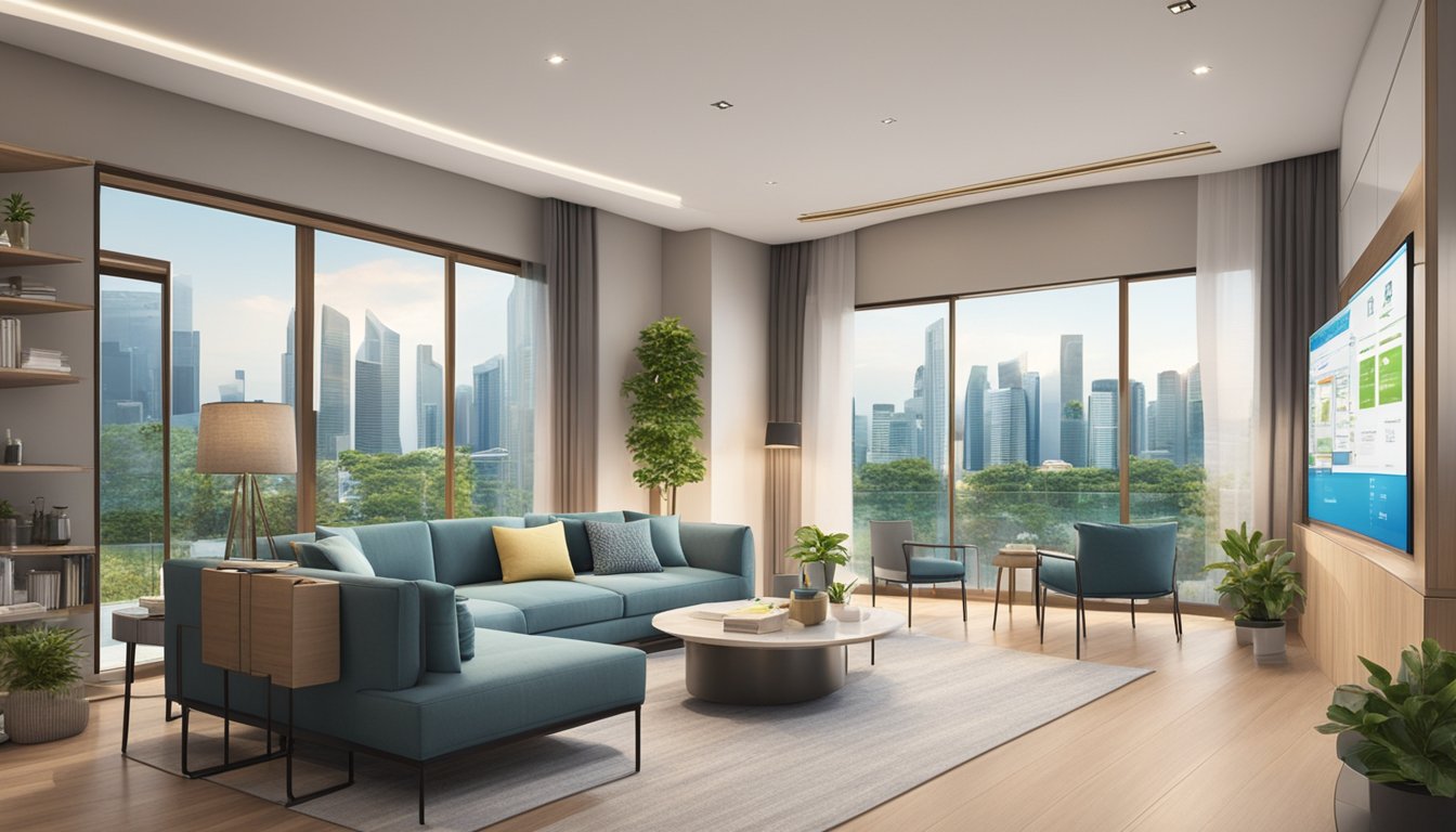 A family room with eco-friendly materials and energy-efficient appliances. A loan status board with "DBS Eco-Aware Renovation Loan" displayed. Singapore skyline in the background