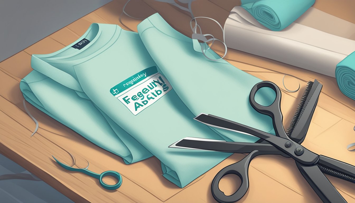 A pair of scissors cutting away excess fabric from a garment, with a label reading "Frequently Asked Questions" and "abs trimming meaning" in the background